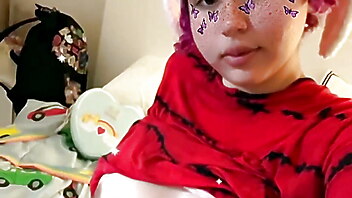 Bisexual redhead, chubby bi, plays with boobs, big tits redhead sexy, a girl plays with her big boobs